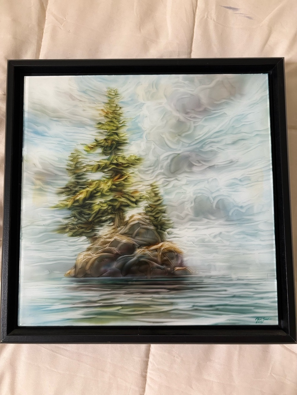 Original Brian Sostrom painting waterscape with thick black frame